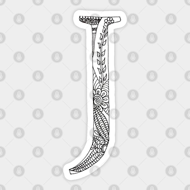 Henna Alphabet J / Henna Letter J - Black Henna Line Art Sticker by Tilila